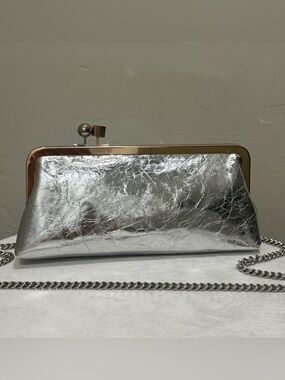 Silver Wrinkled Leather Handmade Unique Kisslock Frame Bag, Large Size Clutch